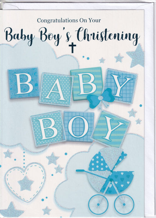 Congratulations On Your Baby Boy's Christening Glitter Card - Silverline
