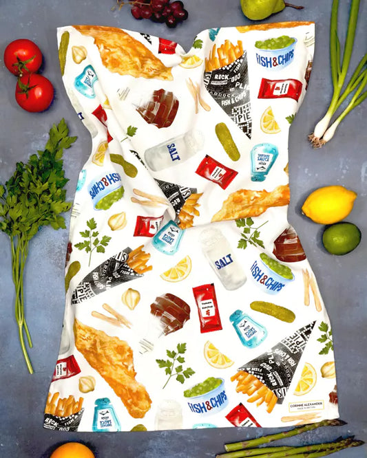 Fish And Chips Cotton Designer Tea Towel - Corinne Alexander